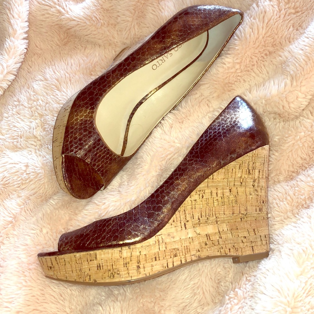 Franco Sarto metallic snake print platform wedges